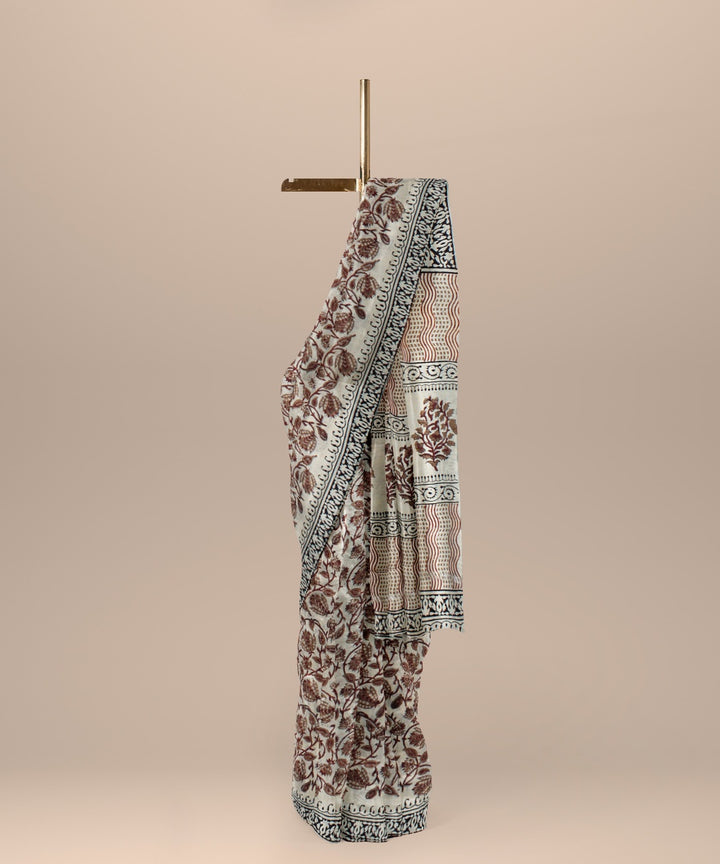 Beige maroon handloom hand block printed chanderi cotton silk saree