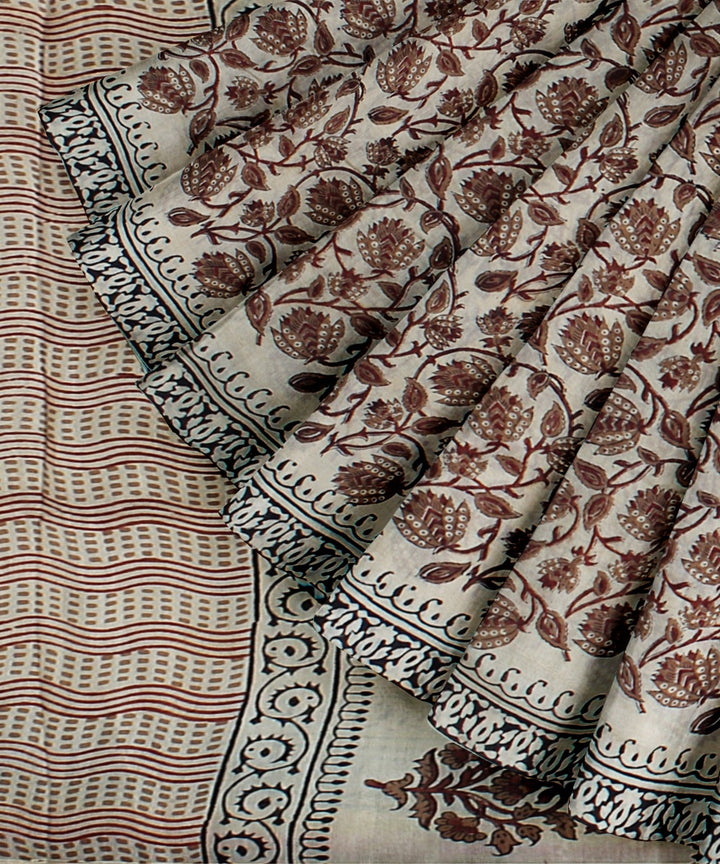 Beige maroon handloom hand block printed chanderi cotton silk saree