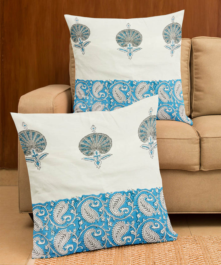 Sky blue white hand block printed cotton cushion cover