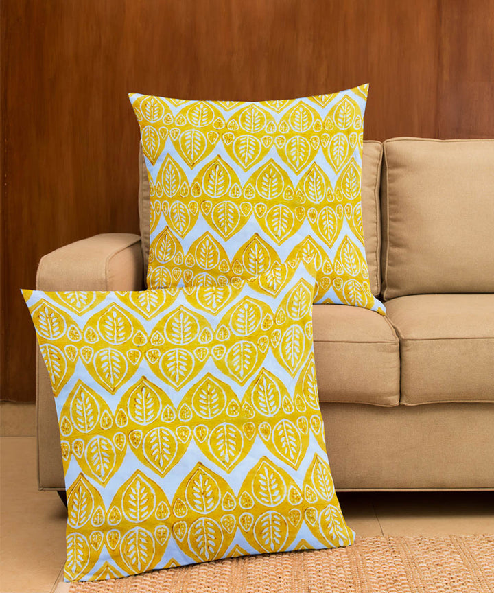 Yellow white hand block printed cotton cushion cover