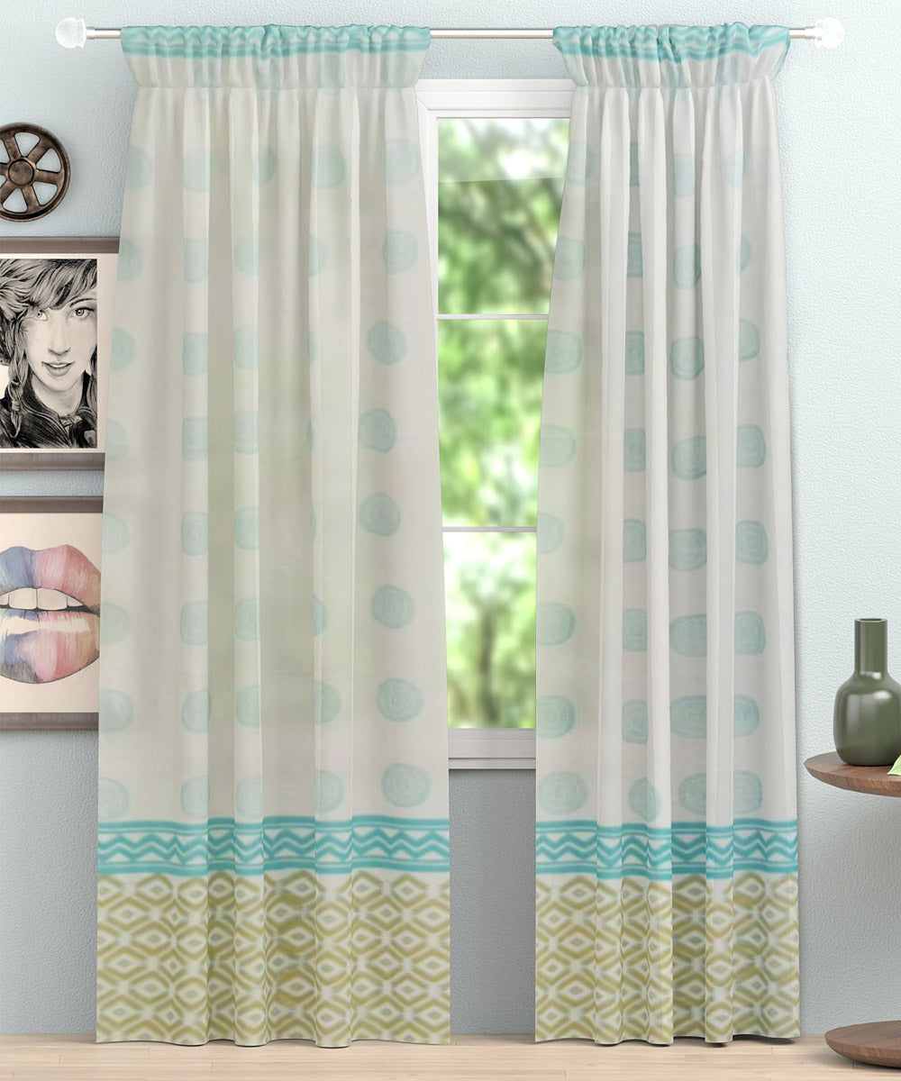 Sky blue white hand block printed cotton curtain