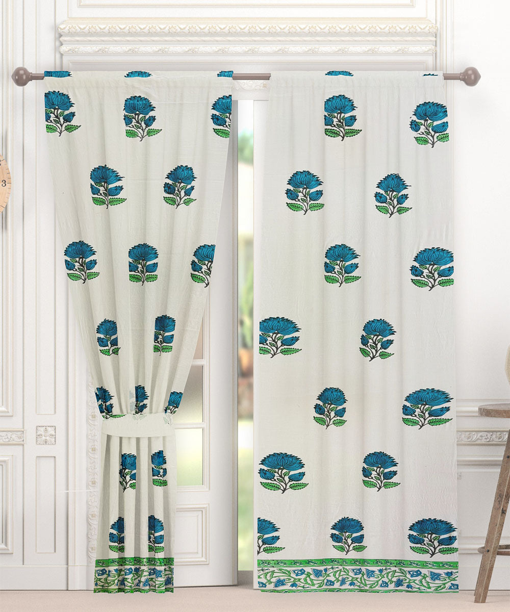 Navy blue white hand block printed cotton curtain