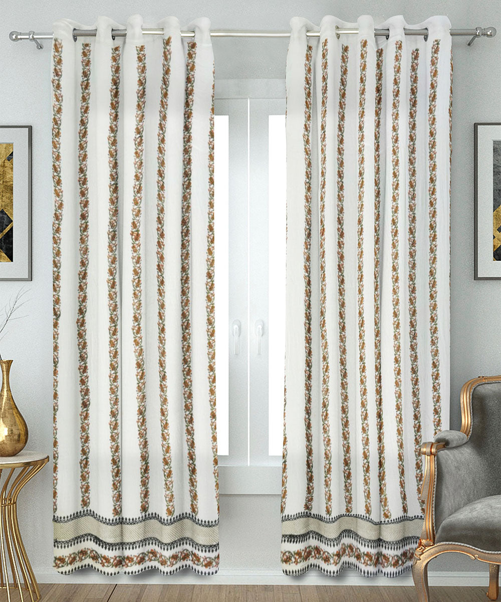 Brown white hand block printed cotton curtain