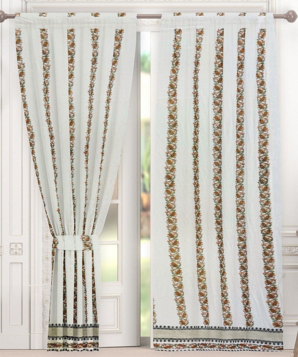 Brown white hand block printed cotton curtain