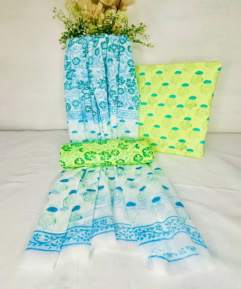 3pcs sky blue yellow hand block printed cotton dress material GoSwadeshi 3pcs sky blue yellow hand block printed cotton dress material GoSwadeshi