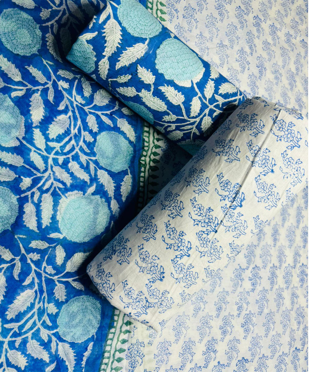3pcs navy blue white hand block printed cotton dress material