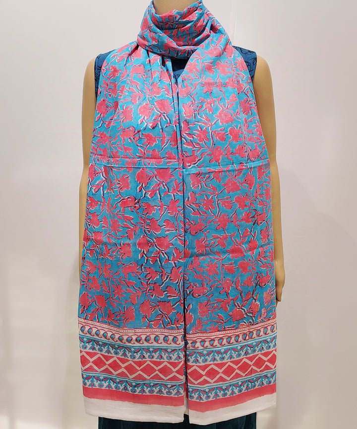 Turquoise pink hand block printed cotton dupatta