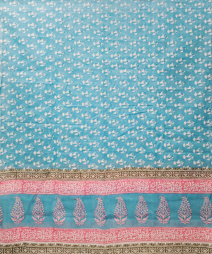 Sky blue pink cotton hand block printed dupatta