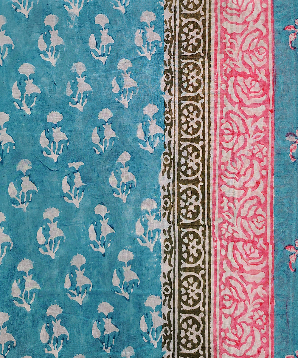 Sky blue pink cotton hand block printed dupatta