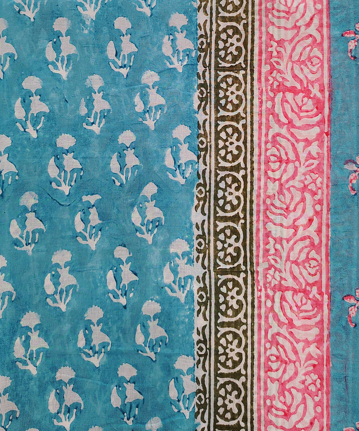Sky blue pink cotton hand block printed dupatta