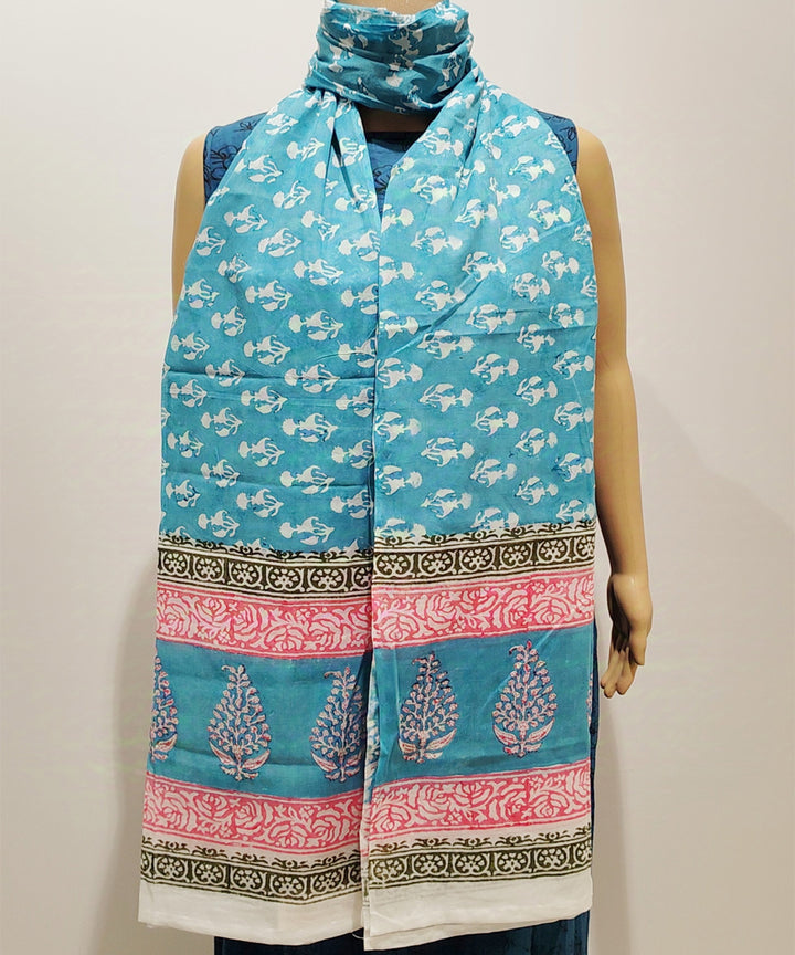 Sky blue pink cotton hand block printed dupatta