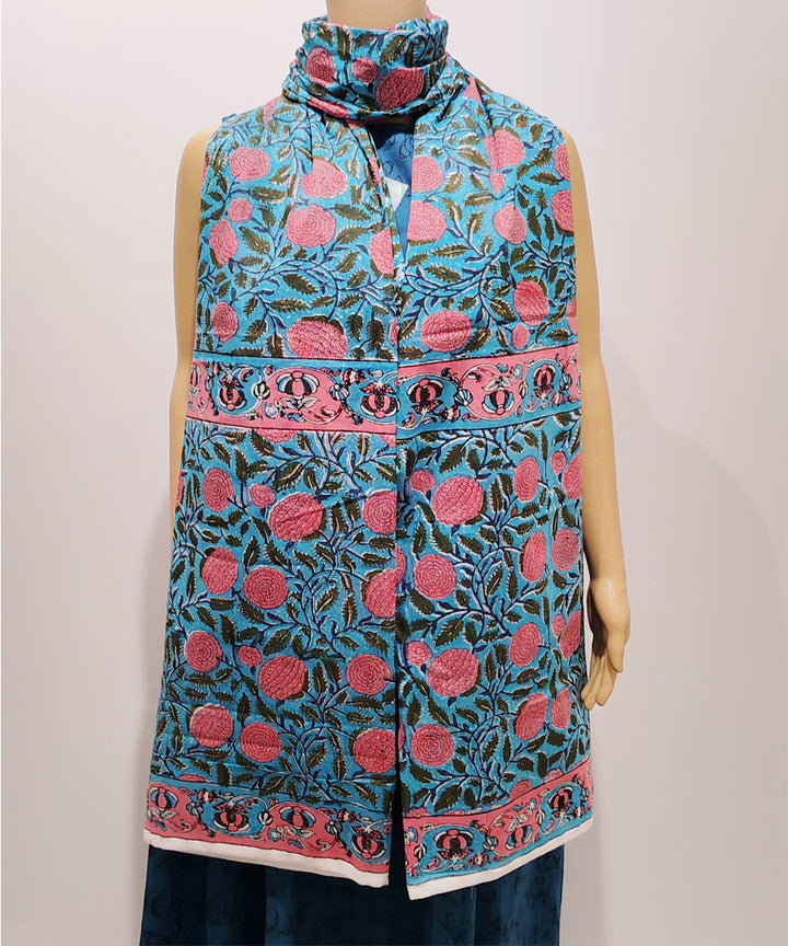 Sky blue pink hand block printed cotton dupatta