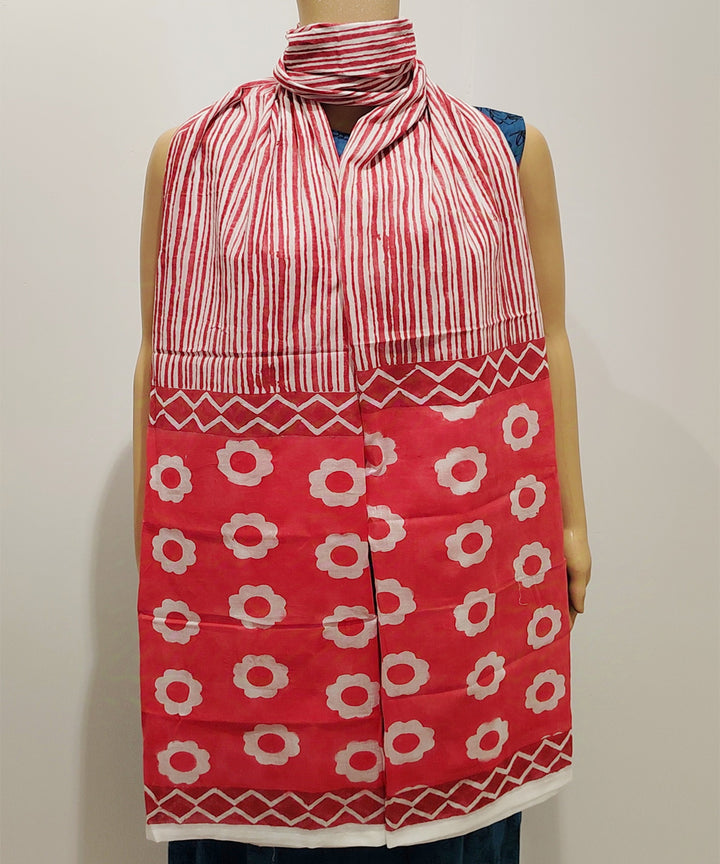 Red white hand block printed cotton dupatta