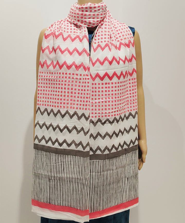 Pink black hand block printed cotton dupatta