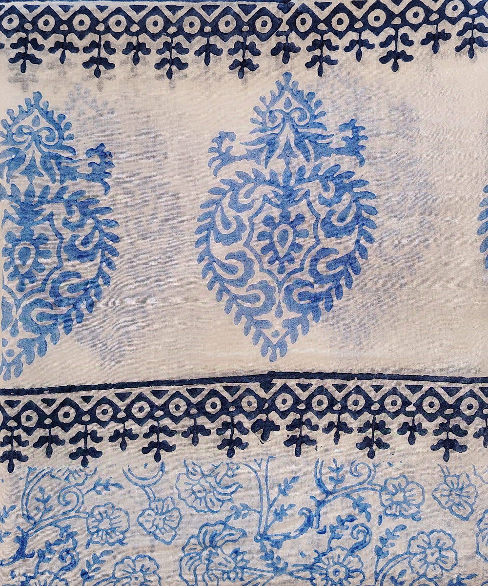 Sky blue white hand block printed cotton dupatta