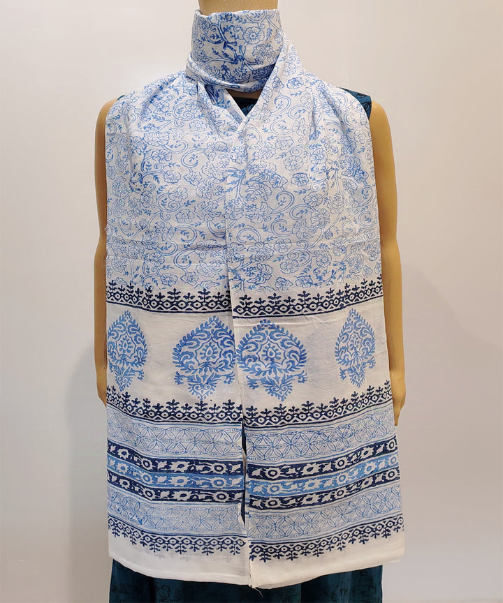 Sky blue white hand block printed cotton dupatta