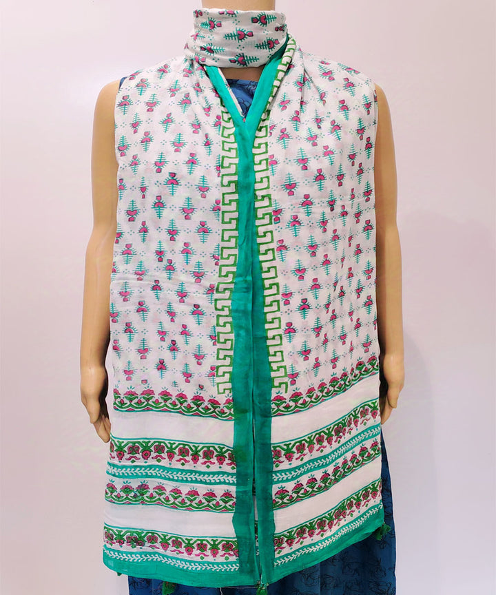 Dark green white hand block printed cotton dupatta