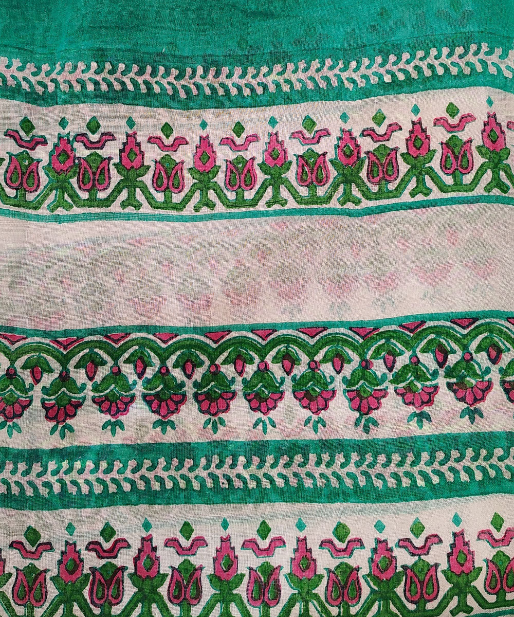 Dark green white hand block printed cotton dupatta