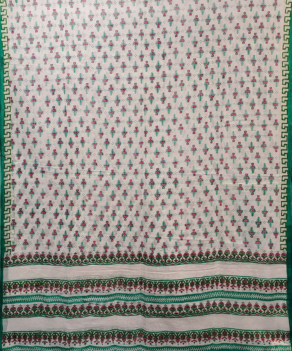 Dark green white hand block printed cotton dupatta