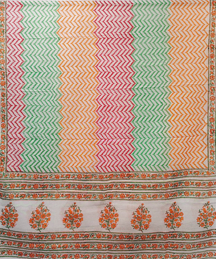 White multicolour hand block printed cotton dupatta