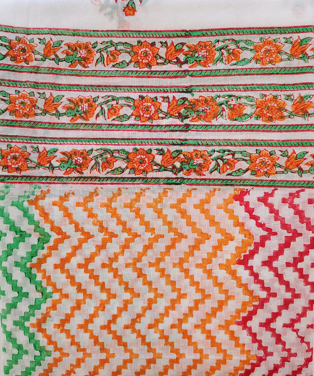 White multicolour hand block printed cotton dupatta