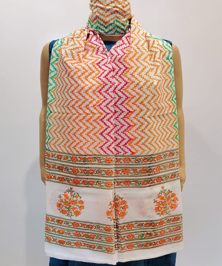 White multicolour hand block printed cotton dupatta