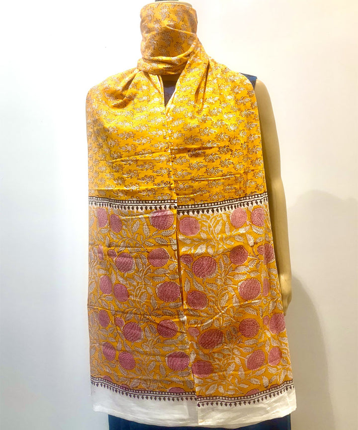 Yellow maroon hand block printed cotton dupatta