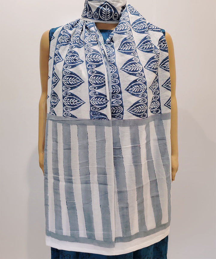 Navy blue white hand block printed cotton dupatta