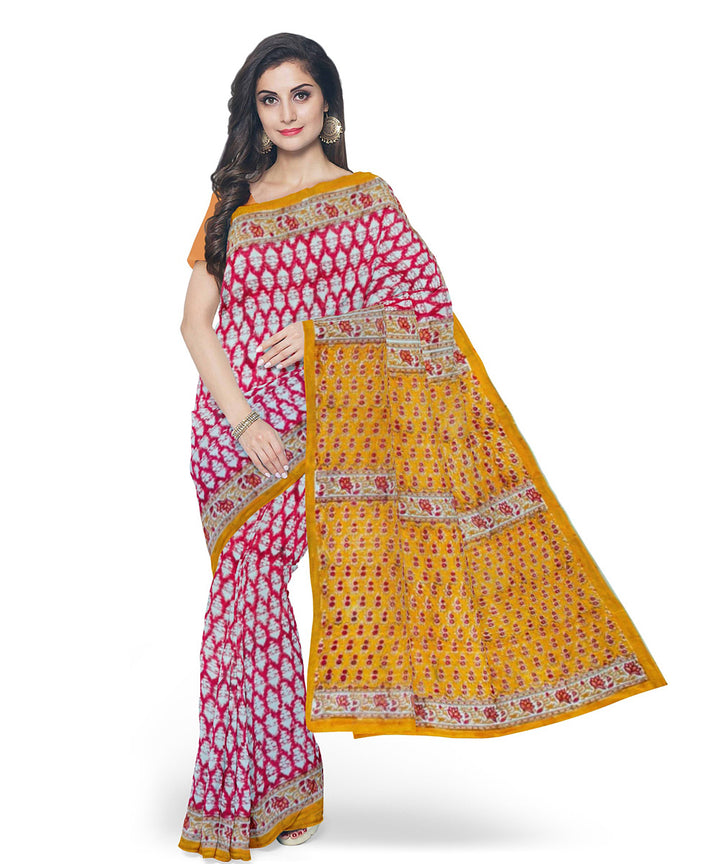 Pink yellow cotton hand block printed saree