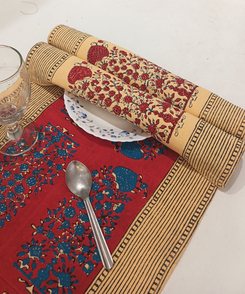 Maroon blue hand block printed cotton casement table mat