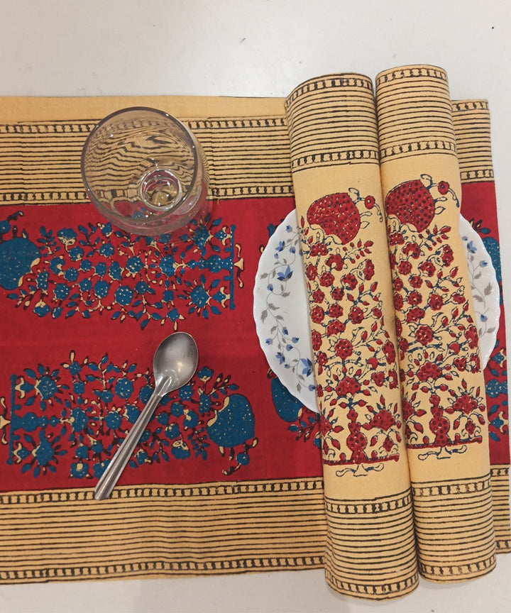 Maroon blue hand block printed cotton casement table mat