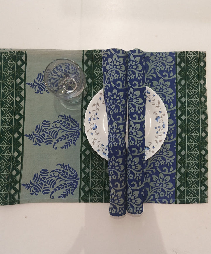 Dark green blue hand block printed cotton casement table mat