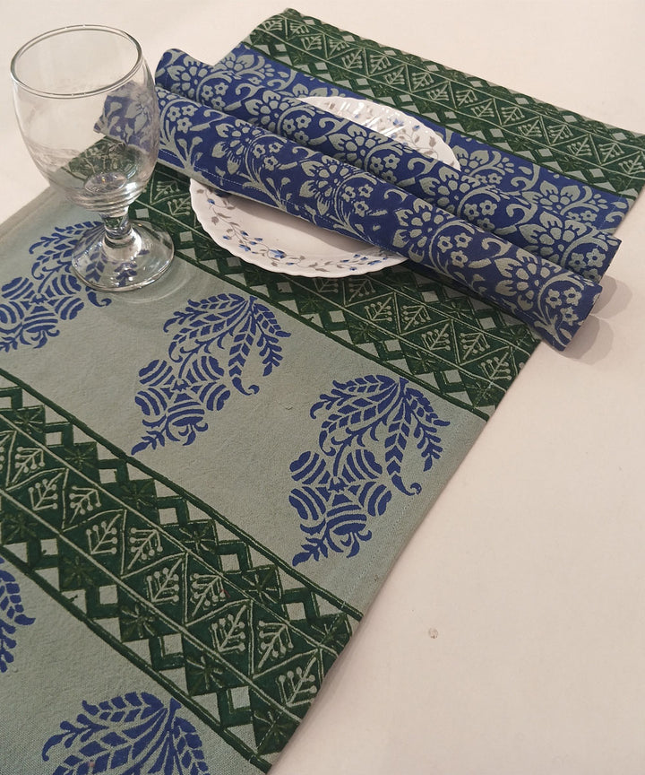 Dark green blue hand block printed cotton casement table mat