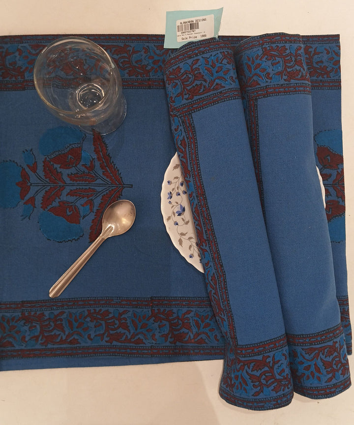 Navy blue maroon hand block printed cotton casement table mat