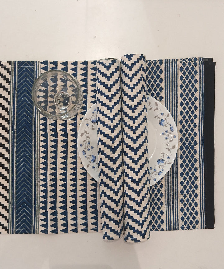 Navy blue grey hand block printed cotton casement table mat