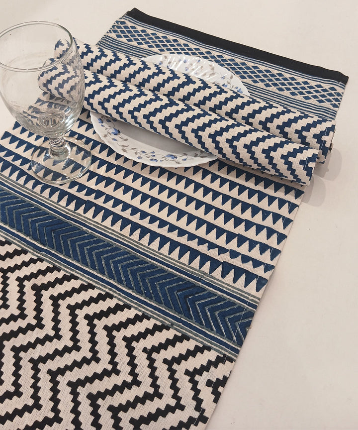 Navy blue grey hand block printed cotton casement table mat