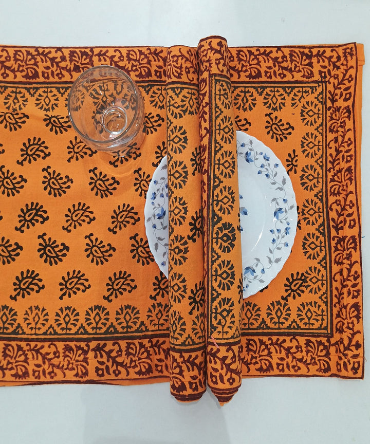 Orange black hand block printed cotton casement table mat