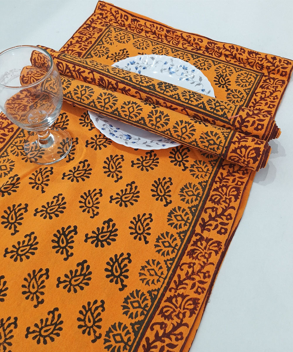 Orange black hand block printed cotton casement table mat