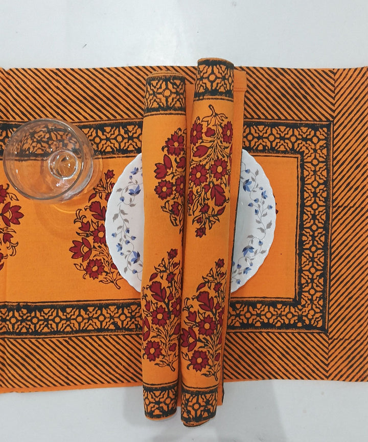 Orange red hand block printed cotton casement table mat