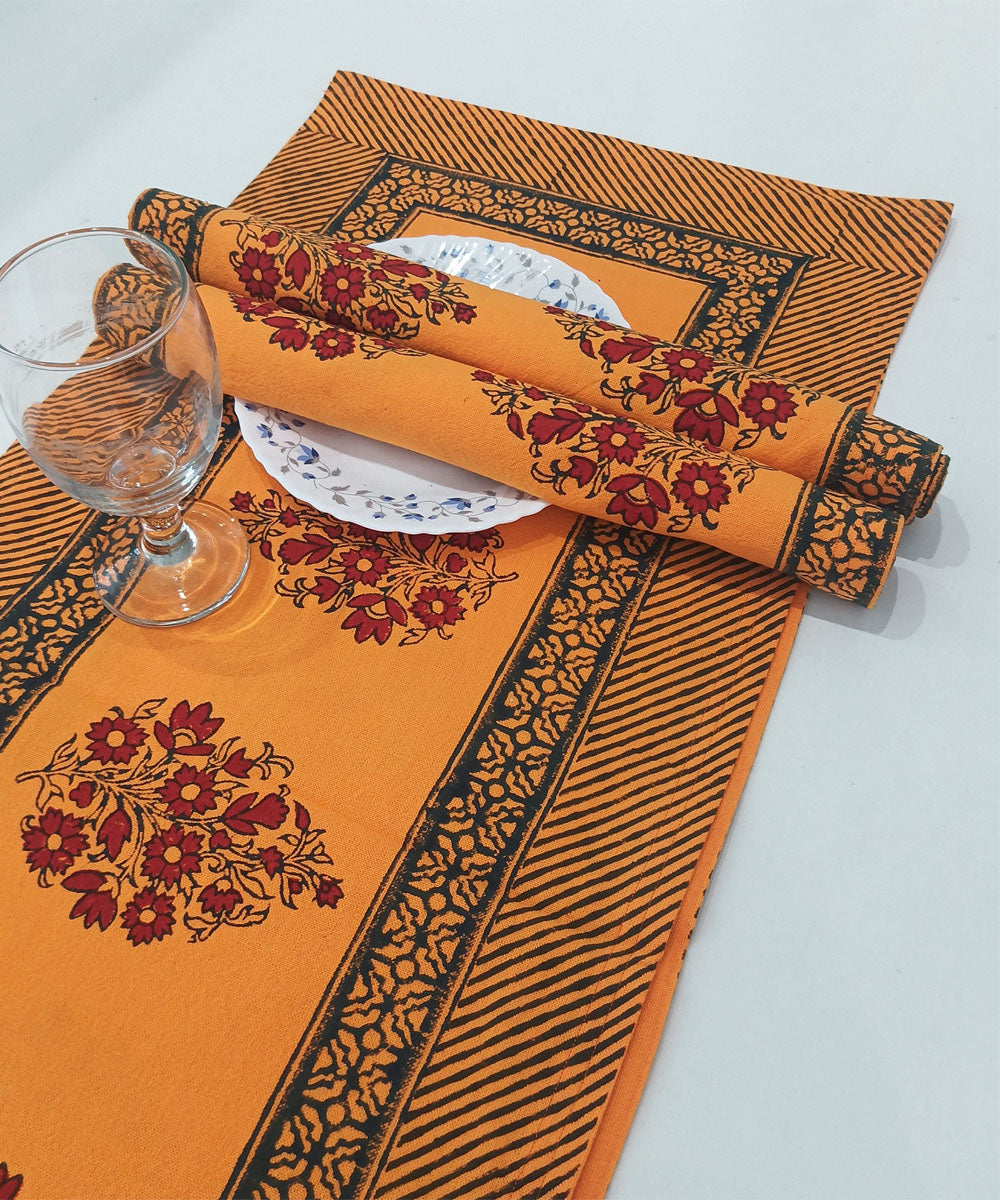 Orange red hand block printed cotton casement table mat