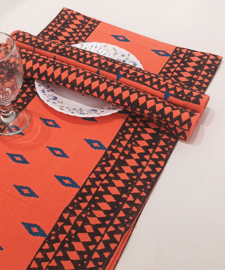 Peach blue hand block printed cotton casement table mat