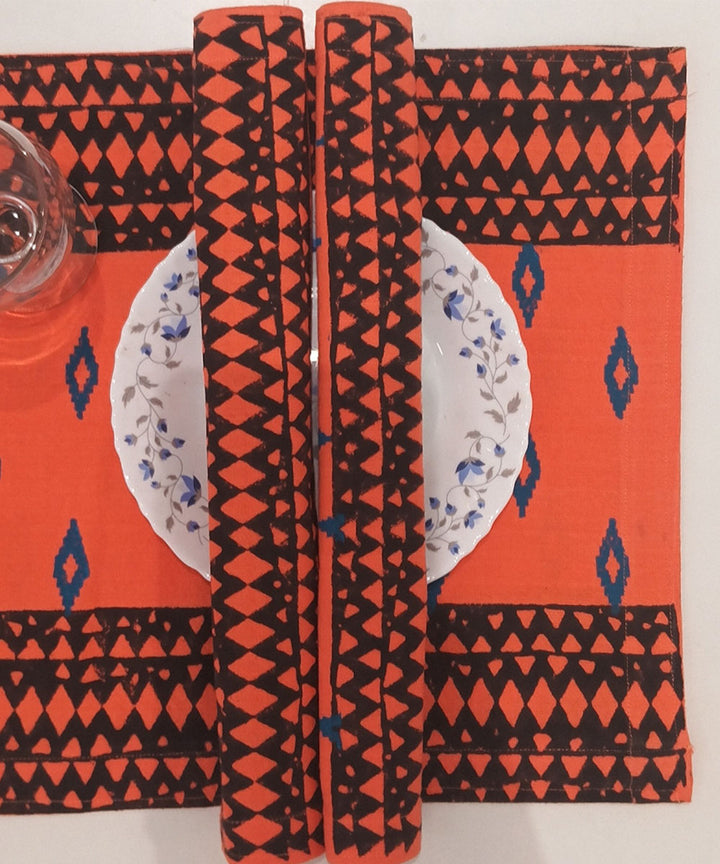 Peach blue hand block printed cotton casement table mat