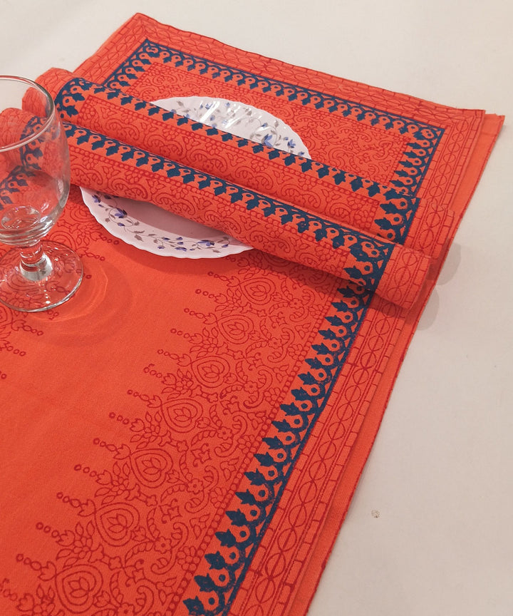 Orange blue hand block printed cotton casement table mat