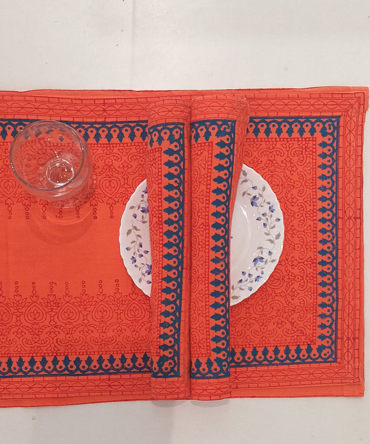 Orange blue hand block printed cotton casement table mat