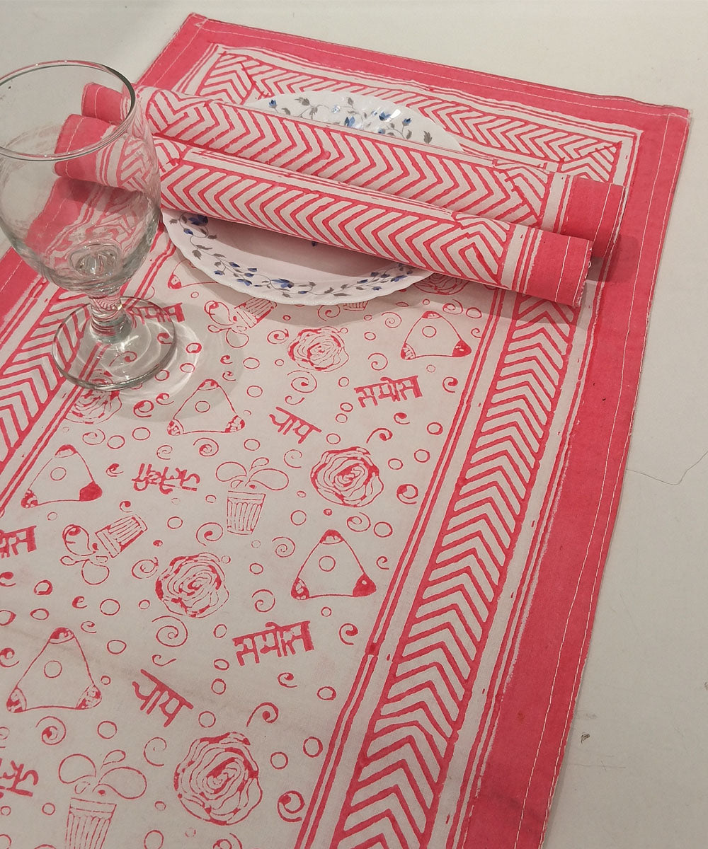 Pink white hand block printed cotton cambric table mat