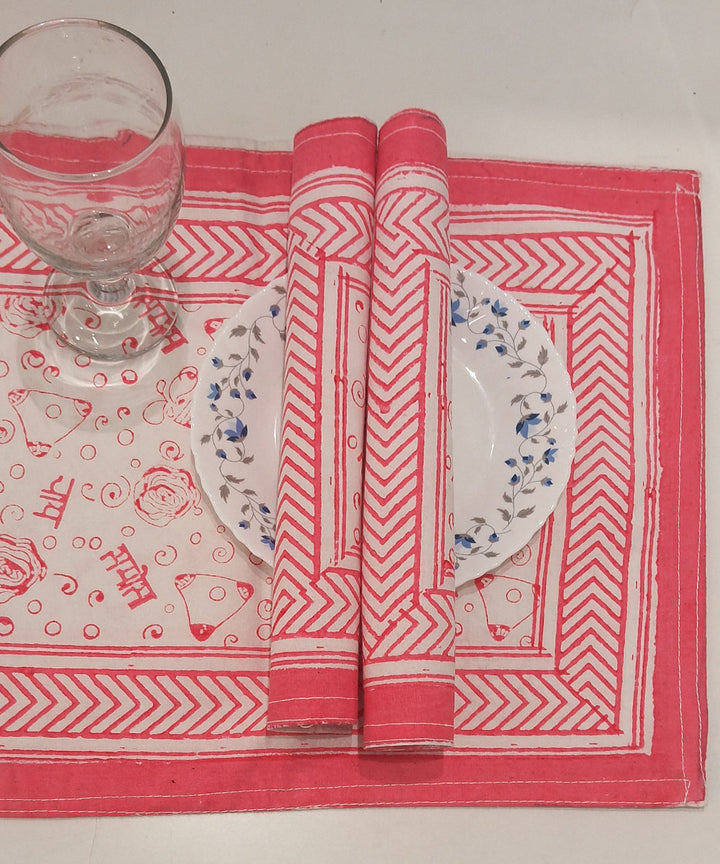 Pink white hand block printed cotton cambric table mat