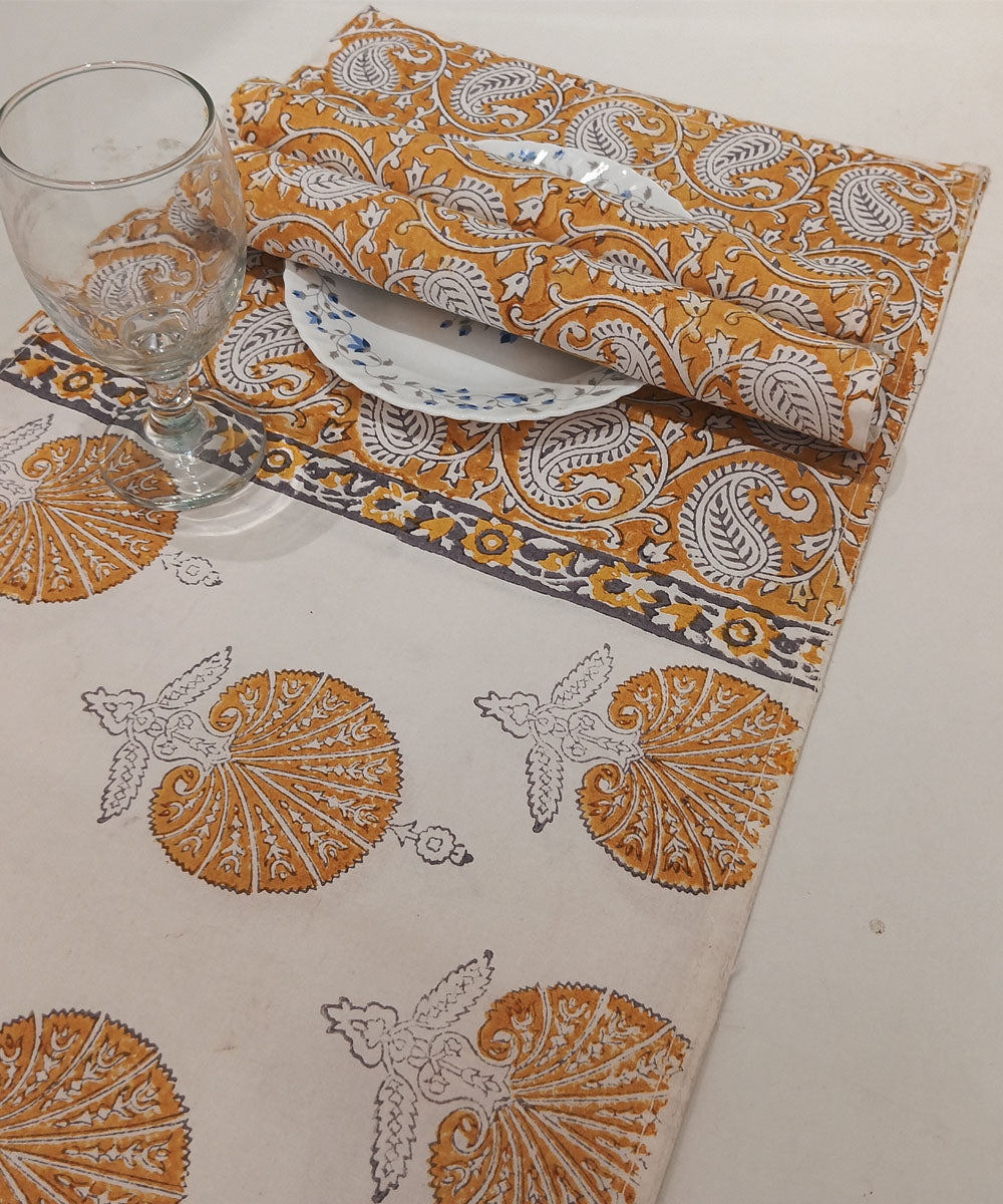 Brown grey hand block printed cotton cambric table mat