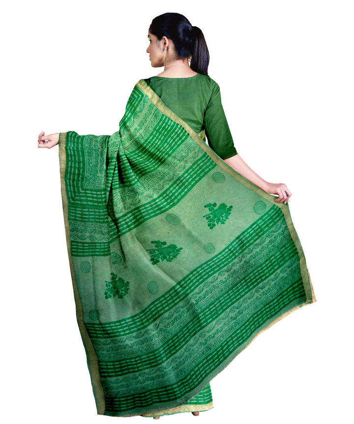 Dark green grey cotton silk hand printed maheshwari saree