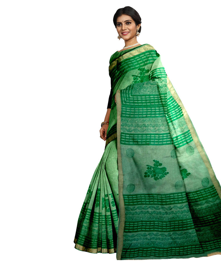 Dark green grey cotton silk hand printed maheshwari saree
