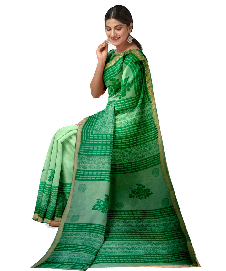 Dark green grey cotton silk hand printed maheshwari saree